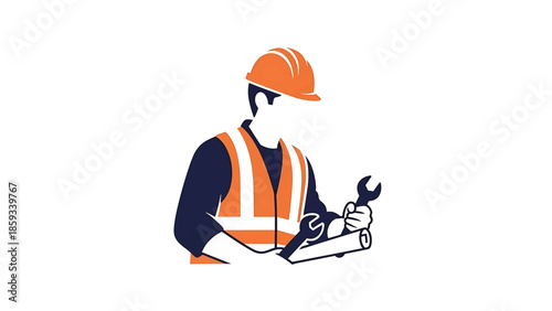 A construction worker icon, wearing a hard hat, and safety vest, holding blueprints and a wrench. A vector illustration on a white background