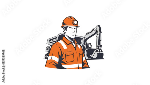 A construction worker in a hard hat and orange work suit stands next to a dump truck and excavator in a simple, stylized illustration