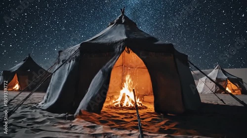 A silhouette figure stands near a fire in tent, under a star-filled sky in the desert
