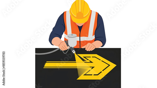 A construction worker in a yellow safety helmet and vest sprays a yellow directional arrow marking. The arrow points right