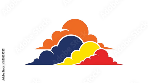 A colorful stylized graphic of clouds with orange sun. The clouds are in varying colors, with a textured, aged appearance