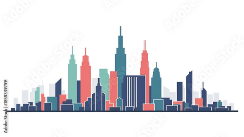 A colorful, stylized vector illustration of a cityscape with various geometric high-rise buildings in different hues. The image has a textured, vintage effect with a clean white background
