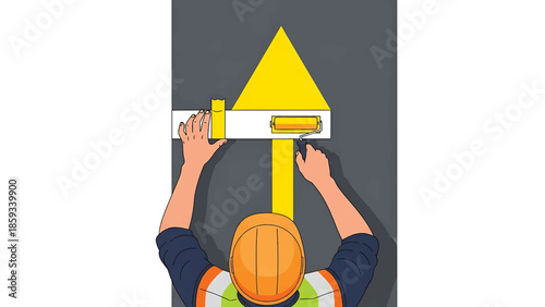A construction worker paints a directional arrow on asphalt, using a stencil and roller. The image is a top-down view of the scene