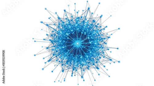 A complex, abstract illustration depicts a luminous network of interconnected nodes and lines emanating from a central point, all against a white background