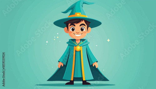 Cartoon Wizard Boy with Hat and Cape Illustration.