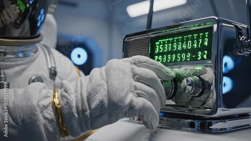 Astronaut tuning vintage chrome radio inside sci fi spaceship 3d render