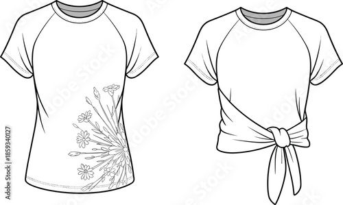 Technical fashion flat sketch of women's raglan sleeve t-shirts featuring floral graphic detail and a front tie knot crop top.