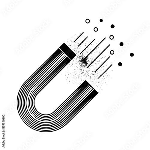 Magnet attracting particles with lines and circles in a black and white minimalist design concept image