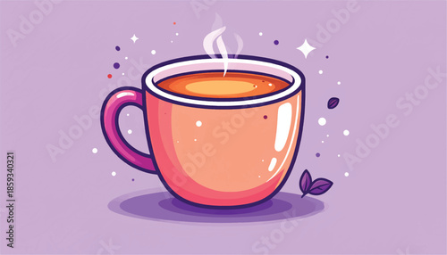 Illustration of a steaming cup of tea with decorative elements.