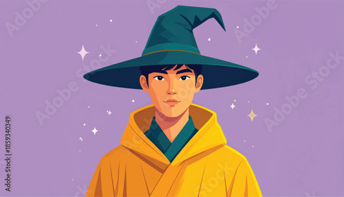 Young wizard with a green hat and yellow robe in a magical setting.