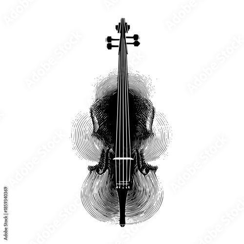Detailed artistic rendering of a cello with circular line work background design element for compositions