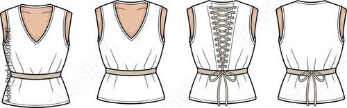 Technical fashion flat sketch of women's v-neck sleeveless vest tops featuring lace up back detail and a waist tie belt.