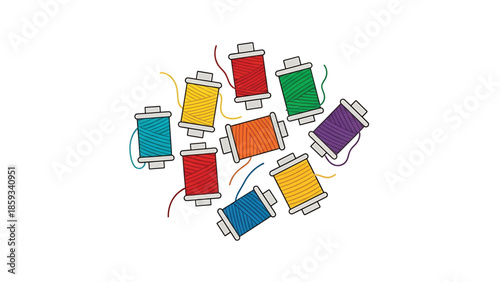 A collection of various colorful thread spools arranged in a circular formation against a white backdrop