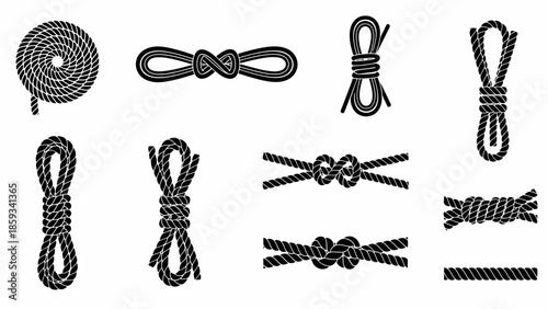 A collection of various rope illustrations showcasing knots, coils, and loops in a simple black and white design