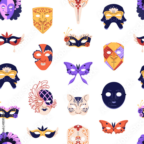 Repeatable pattern of Venetian masks for masquerade. Endless background of festive masques- moretta, bauta, medico della peste. Face disguise for Mardi Gras carnival. Flat seamless vector illustration