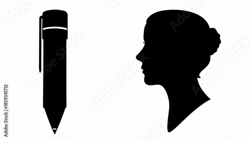 Silhouette of woman's head with pen, thoughtful expression