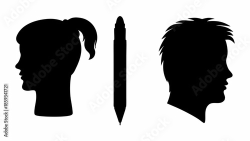 Silhouettes of man and woman with pen