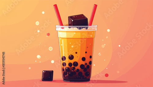 Refreshing Bubble Tea with Tapioca Pearls and Red Straws.