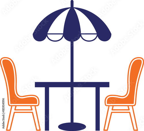Outdoor cafe table with umbrella and chairs illustration representing restaurant patio dining seating and leisure hospitality design