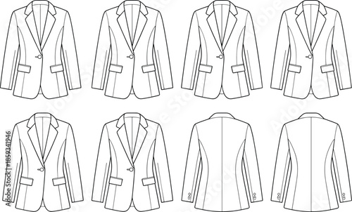 Technical fashion sketch set of a women's tailored blazer featuring front and back views, notched lapels, single button, and pockets.