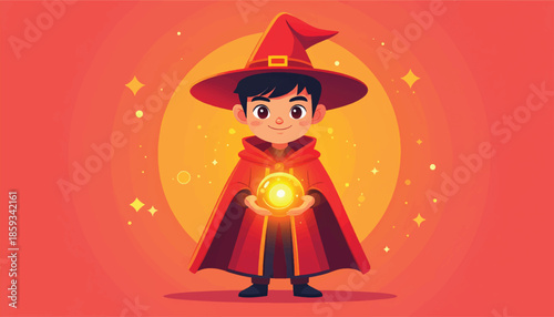 Cartoon Wizard Boy Holding a Glowing Orb of Magic.