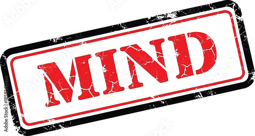 A grunge styled rectangular stamp with the word mind prominently displayed in bold red lettering