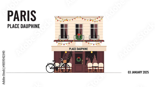 A charming, illustrated cafe in Paris, with Christmas decorations and a bicycle out front. The date "03 JANUARY 2025" appears