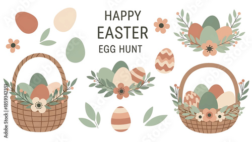 A charming Easter illustration with pastel colored eggs, floral arrangements, baskets, leaves and text, perfect for celebrations