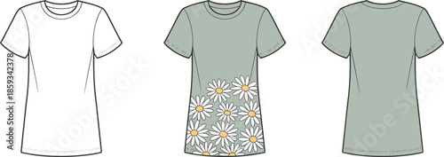 Technical fashion sketch set of women short sleeve t-shirt featuring daisy flower print placement with front and back view templates,