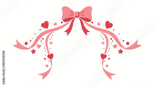 A charming, decorative illustration featuring a pink bow and ribbons adorned with hearts, stars, and dots, on a white background