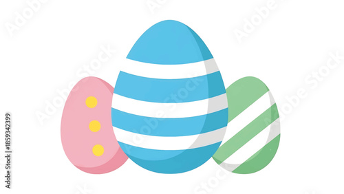A charming, colorful illustration features three decorated eggs. One egg is pink with dots, the other blue with white stripes and another green with white stripes