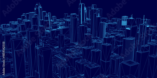 A 3D wireframe city pack features tall skyscrapers and detailed building structures against a dark blue background.