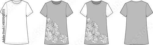 Technical fashion sketch set of women's short sleeve t-shirt featuring floral daisy print placement with front and back view templates