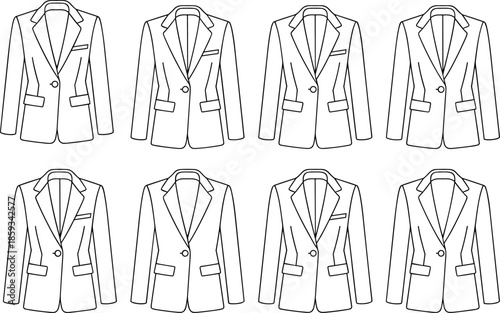 Vector set of technical fashion sketches of a single-button tailored blazer jacket with notched lapels and pocket details