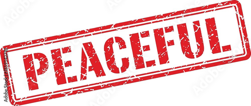 A striking rectangular red stamp displaying the word peaceful in bold uppercase letters isolated on a clean white background