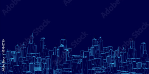 A blue wireframe city pack displays a futuristic skyline of tall buildings against a dark blue background.