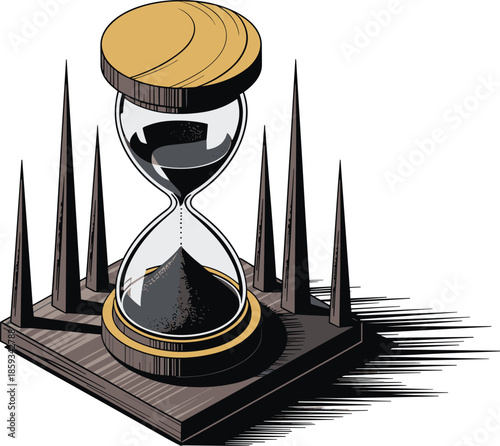 Vintage hourglass illustration with dark sand on a wooden base surrounded by sharp spikes representing time pressure, deadlines, and urgency.
