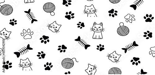 Whimsical cat themed illustration featuring bones, paws, and balls in a seamless pattern