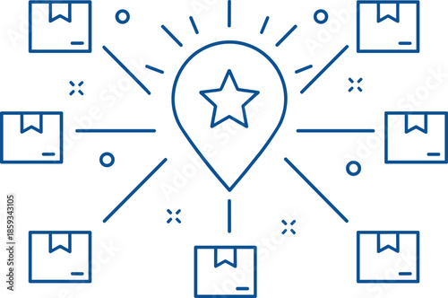 Featured location pin with star surrounded by bookmark icons representing favorites recommendations and highlighted content network design