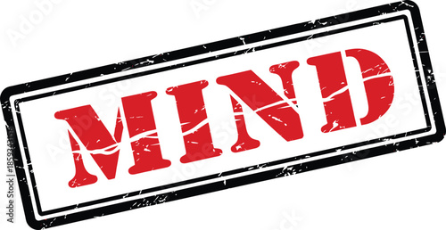 A grunge style stamp displaying the word mind in bold red lettering within a black rectangular border