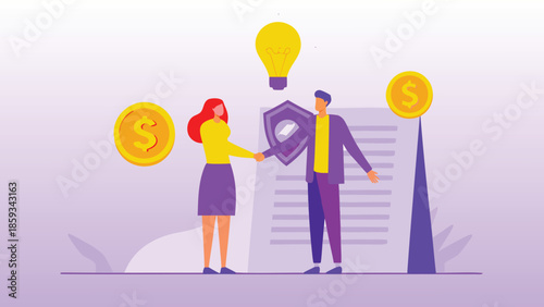 Two people shaking hands over a contract with coins and shield