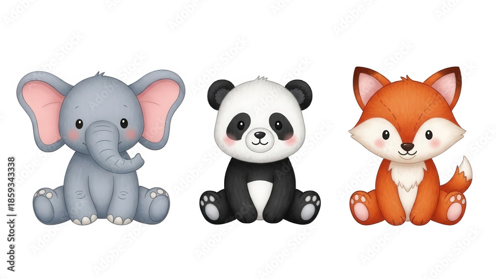 Obraz premium Adorable Cartoon Animal Friends - Elephant, Panda, and Fox