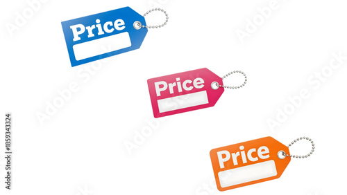 Blue ,pink,orange  Glossy Price Tags Mockup with Metal Ball Chains on transparent Background