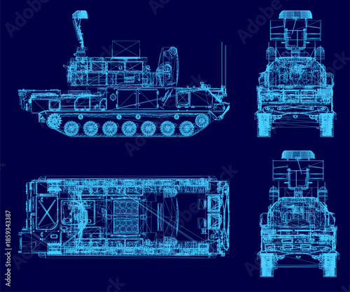 A detailed blueprint of a military anti-aircraft missile system, specifically a tank, presented as a technical vector illustration on a solid blue background.