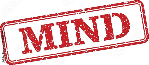 A rectangular red stamp displaying the word mind in bold distressed white lettering isolated on white background