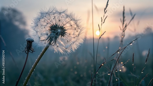 A delicate dandelion seed head catching the soft, natural twilight effect near grass at dawn