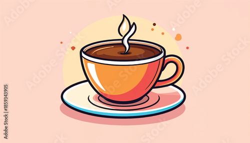 Illustration of a steaming cup of coffee on a saucer.