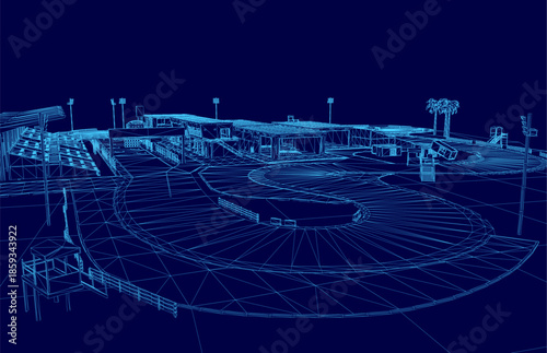 A 3D wireframe model of a futuristic building with a spiral staircase stands within a conceptual landscape featuring trees and poles on a deep blue background.