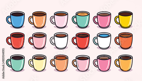 Colorful Coffee Cups - A Diverse Collection of Hot Beverages.