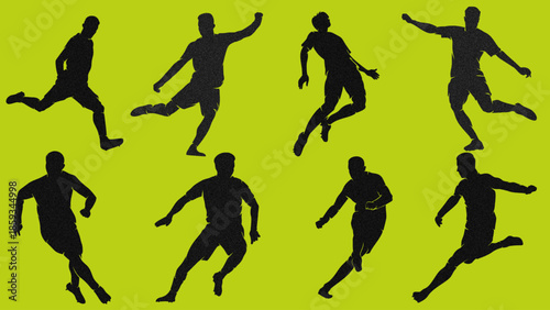 Set of soccer player silhouettes in action: shooting, heading, and dribbling. Professional football athlete vector icons with noise effects on a lime green background for sports design